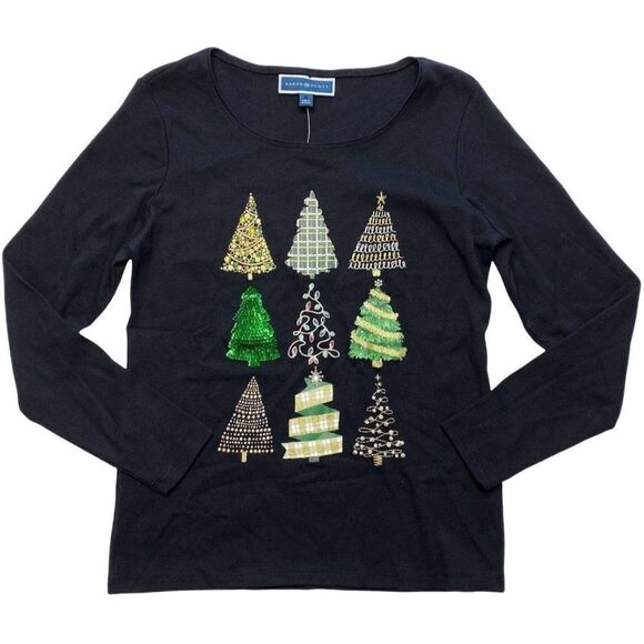 Karen Scott Shirt Top Women's SMALL Black Scoop-Neck Seasonal‎ Winter Trees NEW - Picture 1 of 12